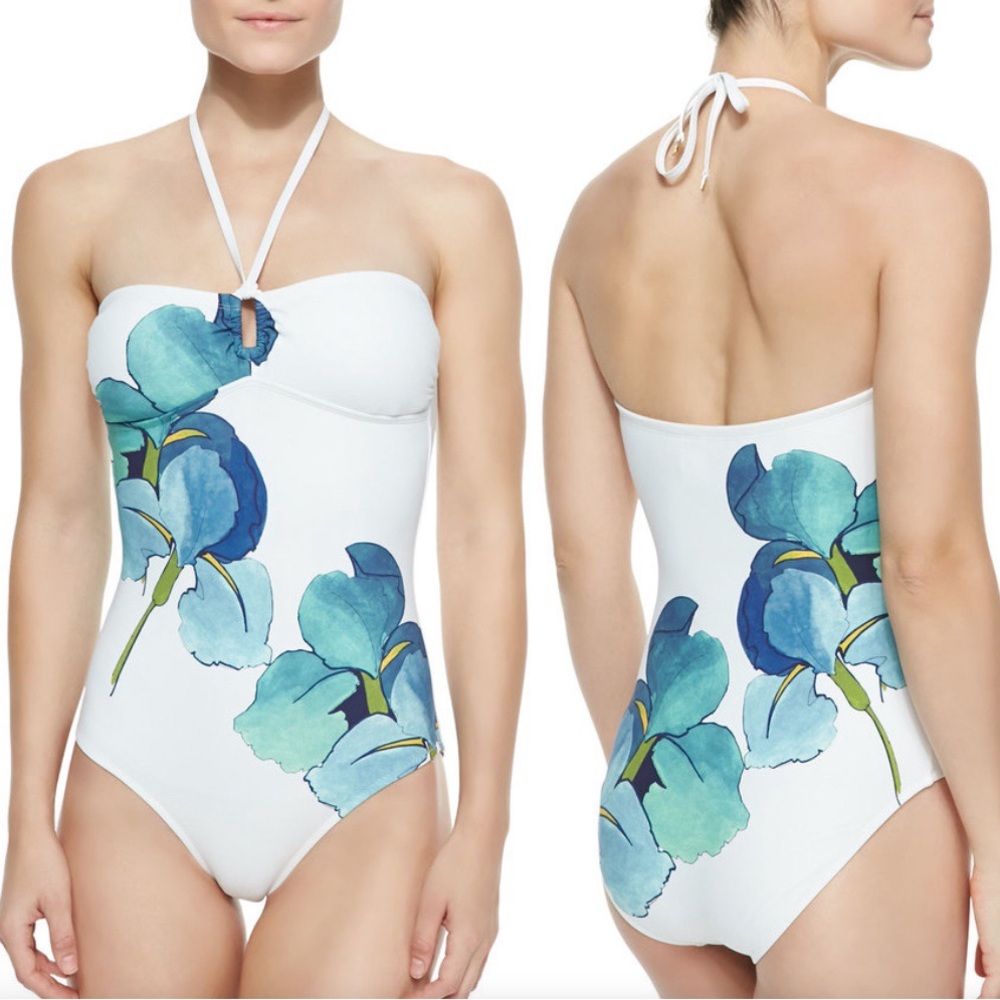 NWT Tory Burch Iris Print Persica One Piece Halter Swimsuit in White Size Small